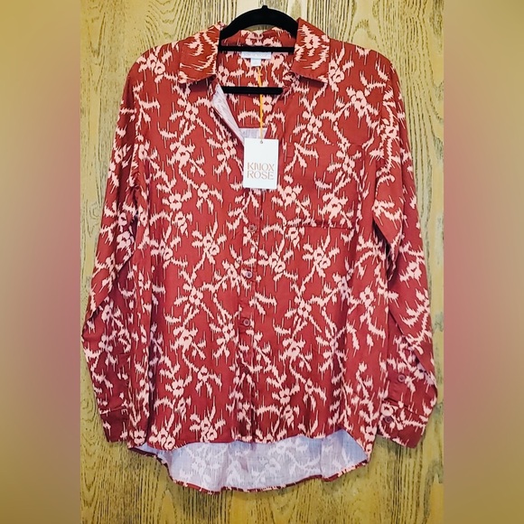 Knox Rose Women Button-Down Shirt, Hi-Low, Hem Pocket Deep-Red, Western Boho NWT - Picture 3 of 14